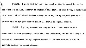 Close-up of the last will and testament of Rhoda Palmer, May 22, 1915.